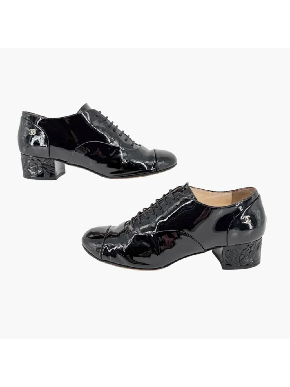 Chanel CC Camellia Flower Patent Oxford Heels Black Leather Size 37 US 6-6.5